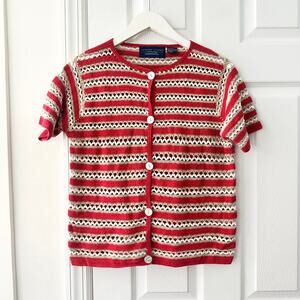 Catherine Stewart Belle Pointe Red Beige Stripe Open Hand Knit Vintage Cardigan